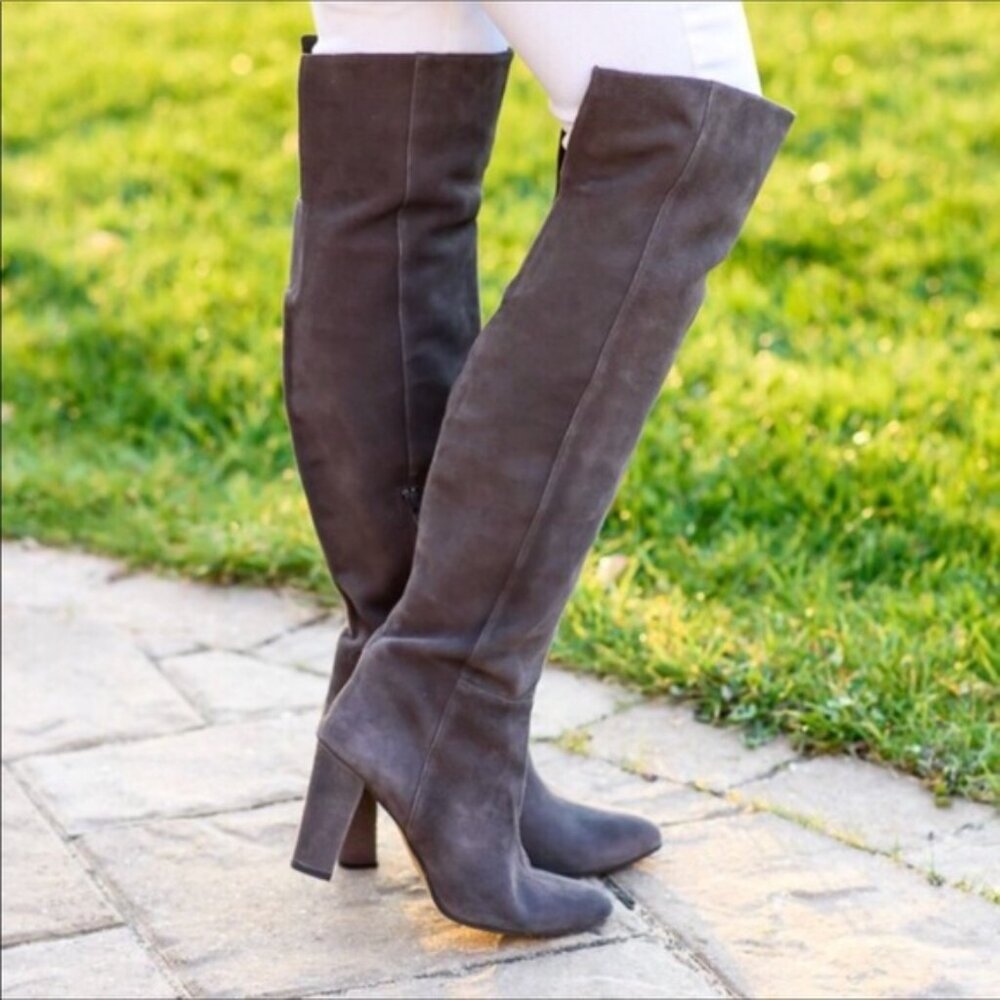 Halogen Genuine Suede OTK Boots Tall Over Knee Classic Minimalist Gray NEW 6